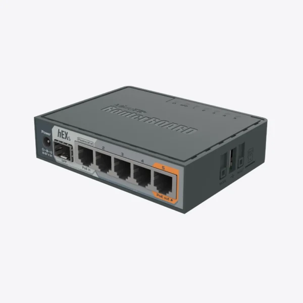 Router MikroTik hEX S vista frontal puertos Ethernet Gigabit y puerto SFP